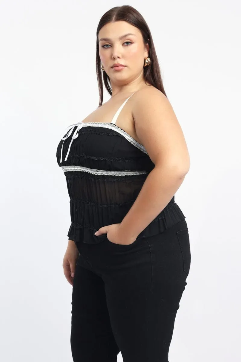 BiasCut Trims Black Cami Top Textured Contrast Ribbon
