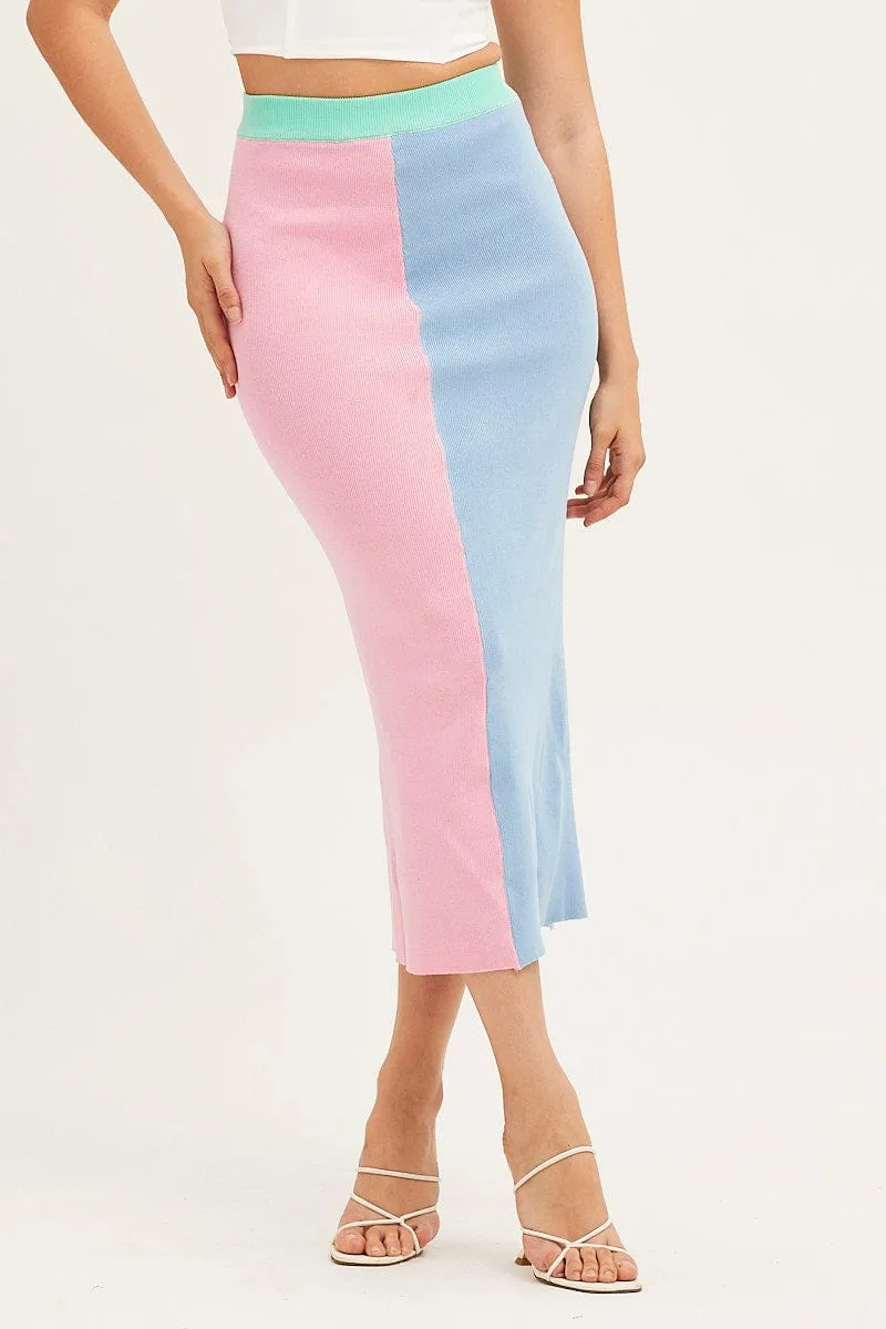 button detail Multi Color Block Knit Midi Skirt