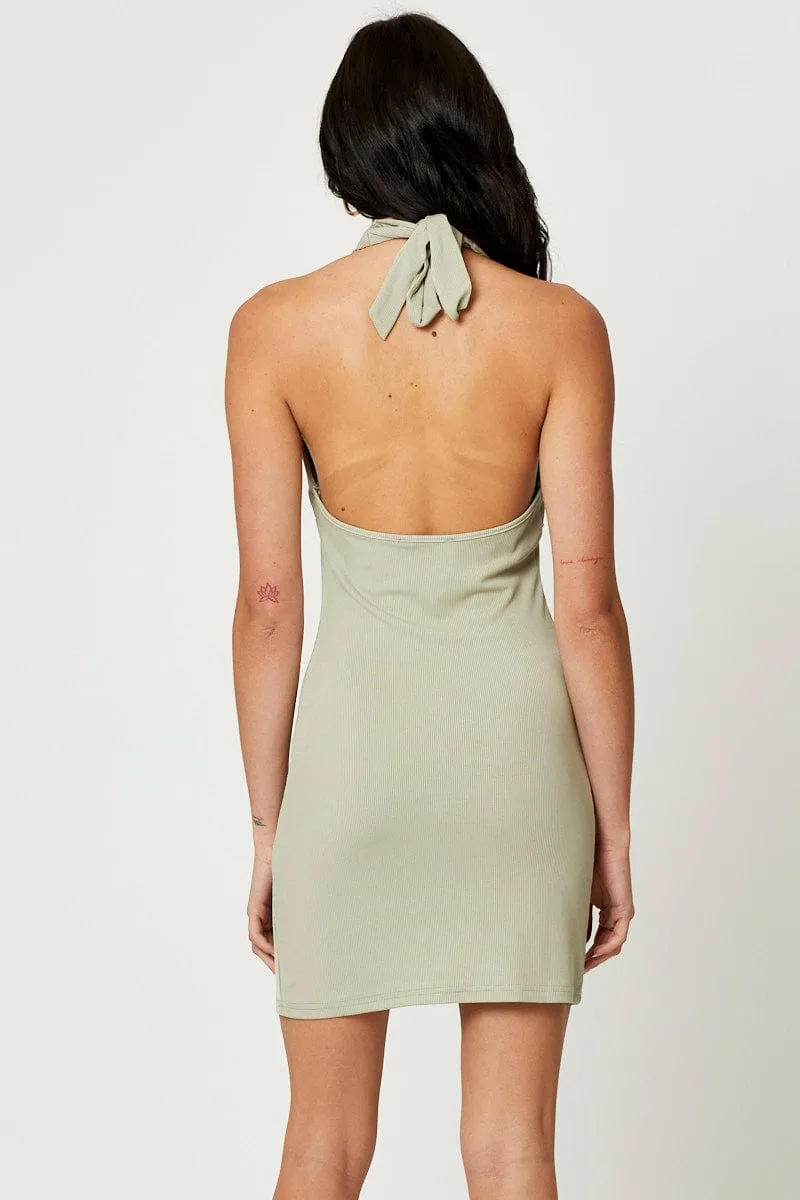Cozy Wear Green Mini Dress Evening Halter Neck