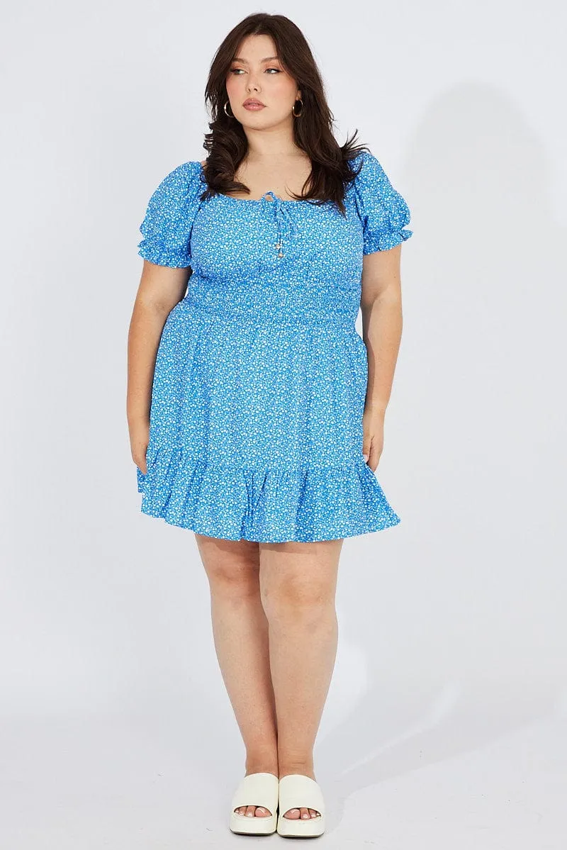 boho vibe Trend Soft Blue Ditsy Mini Dress Puff Sleeve Gather Detail