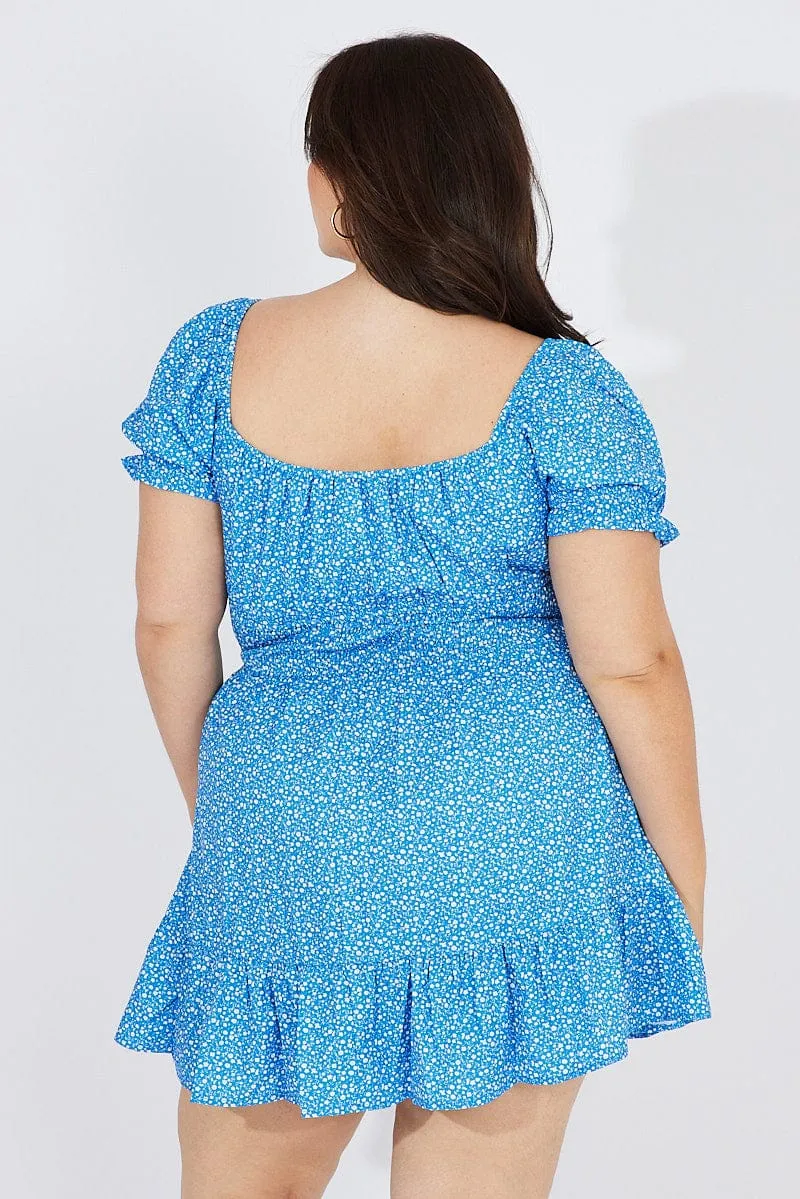 Club Glow Anti Static Material Blue Ditsy Mini Dress Puff Sleeve Gather Detail