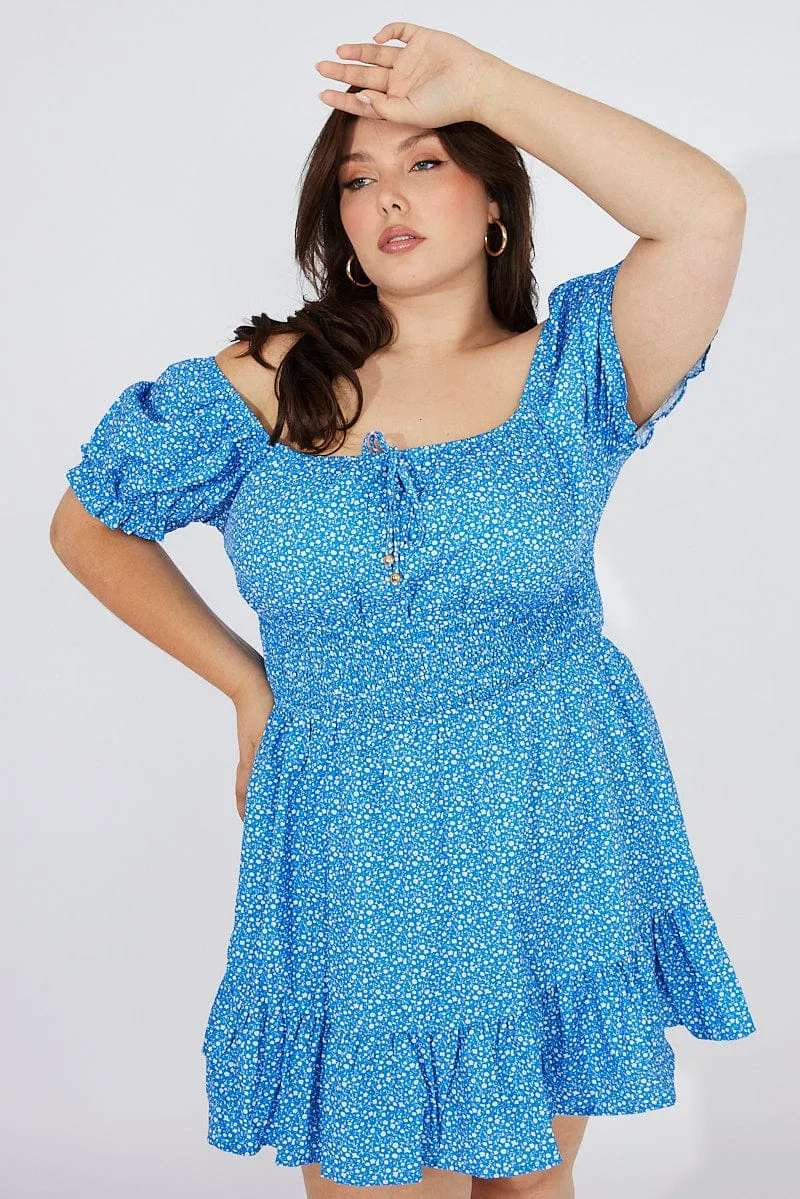 Blue Ditsy Mini Dress Puff Sleeve Gather Detail Leg Show Flirty Look