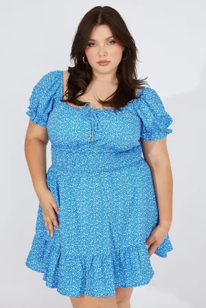 Bright-colored mini Blue Ditsy Mini Dress Puff Sleeve Gather Detail