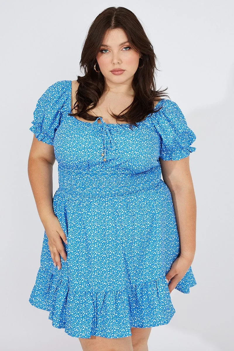 Bright-colored mini Blue Ditsy Mini Dress Puff Sleeve Gather Detail