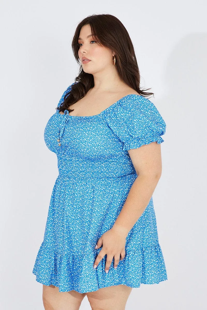 Blue Ditsy Mini Dress Puff Sleeve Gather Detail Non Irritating Seams