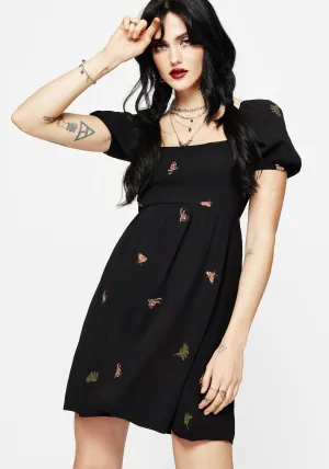 Copia Moth Embroidered Puff Sleeve Mini Dress Non Restrictive Cut Close Wrap