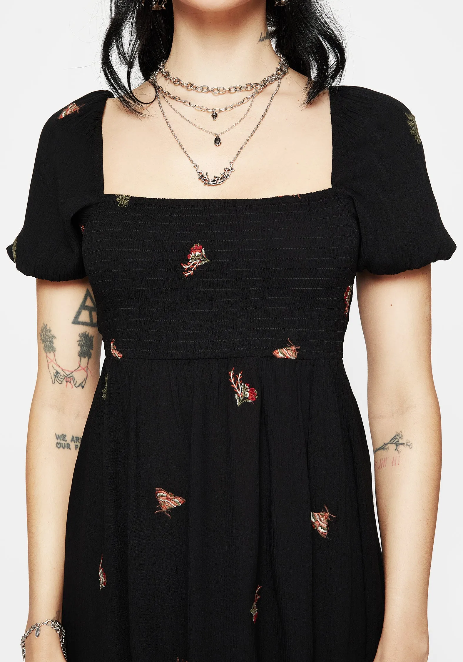 Copia Moth Embroidered Puff Sleeve Mini Dress Playful chic outfit