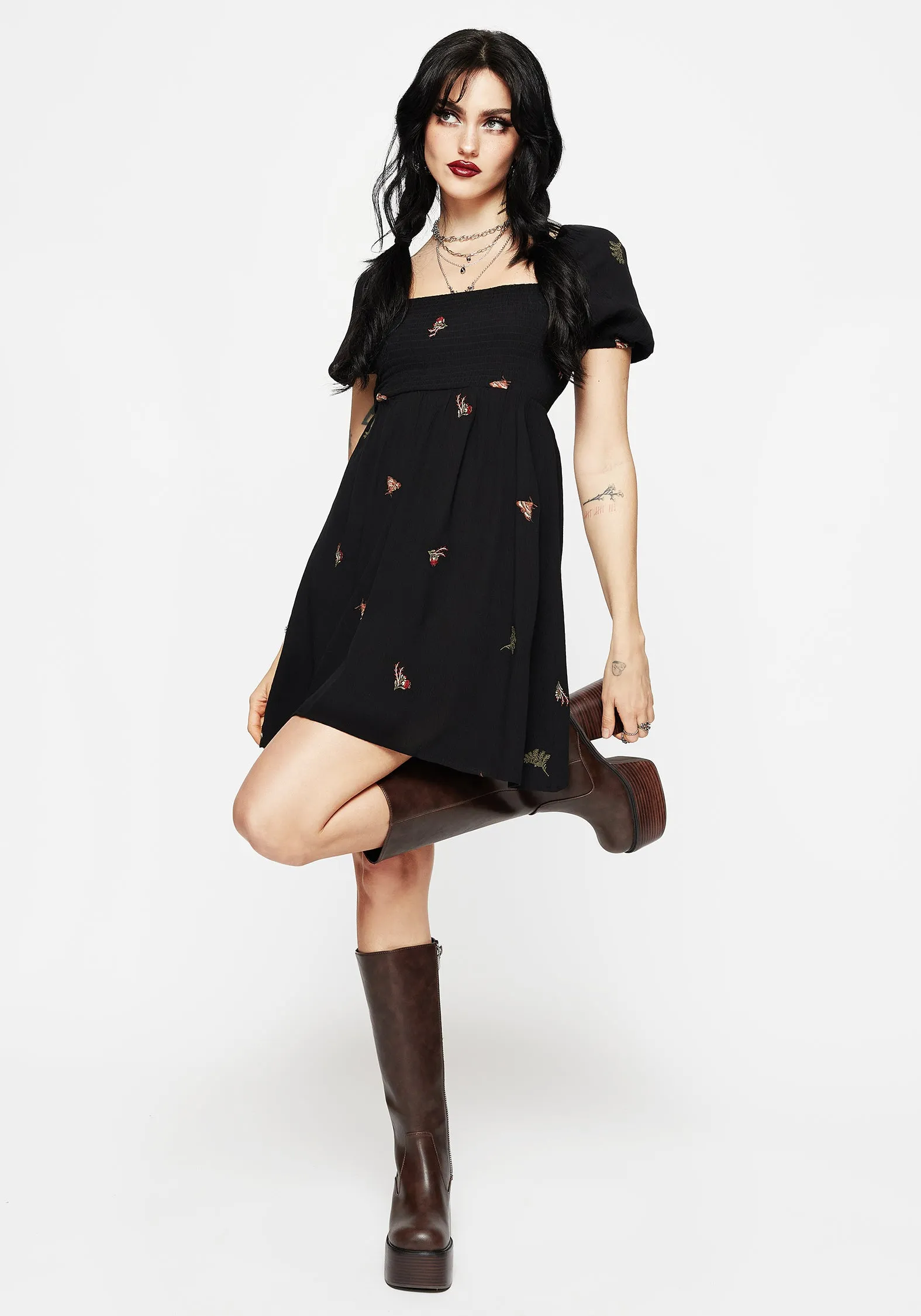 Layered silhouette Casual day dress Copia Moth Embroidered Puff Sleeve Mini Dress