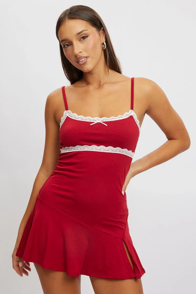 Classic casual mini dress Red Mini Dress Lace Trim