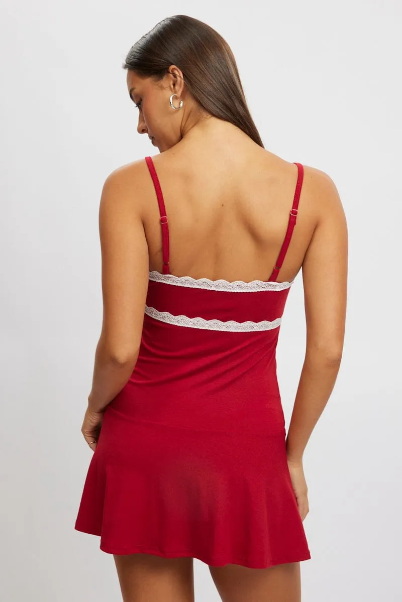 Red Mini Dress Lace Trim Eco Friendly Dye