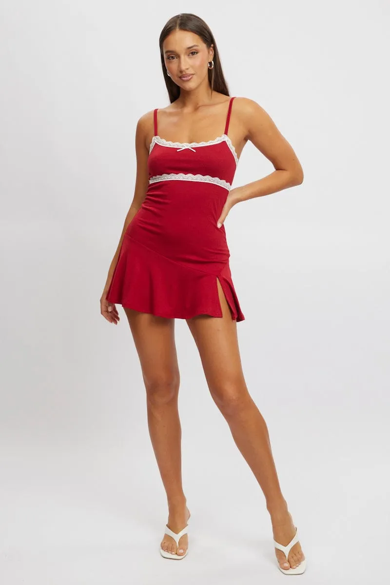 Red Mini Dress Lace Trim Glamorous touch