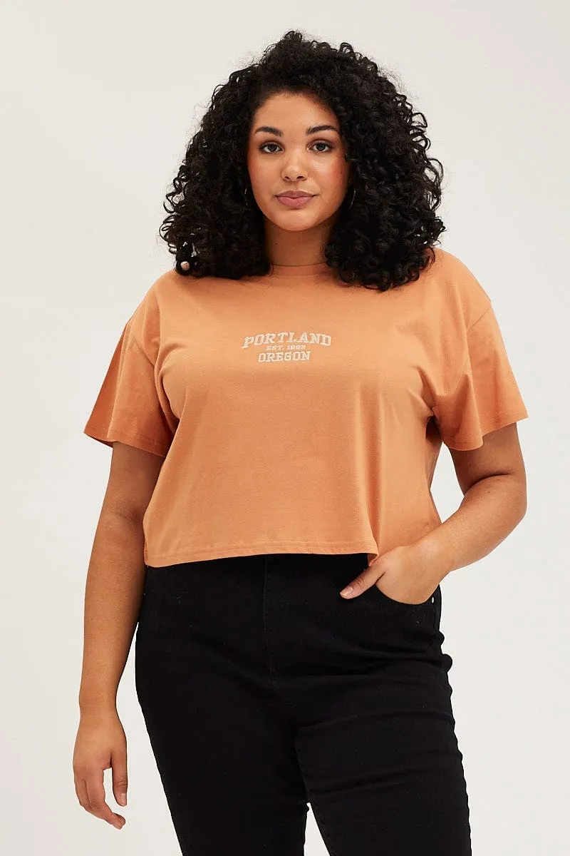 Beige Crop T-shirt Portland Embroidered Cotton Semi yoga clothing Versatile Layer