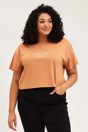 Beige Crop T-shirt Portland Embroidered Cotton Semi Temperature Regulating