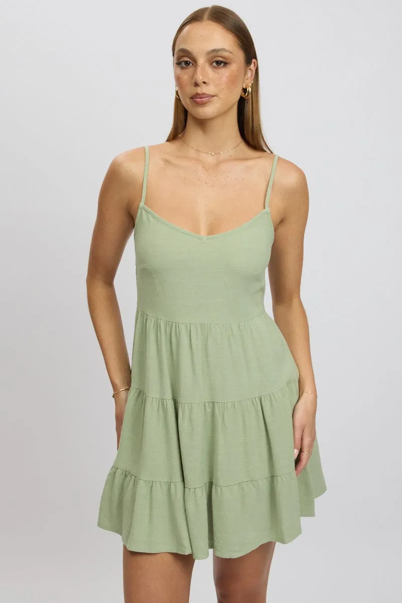 Bright sun dress Vibrant color Green Mini Dress Tiered Strappy