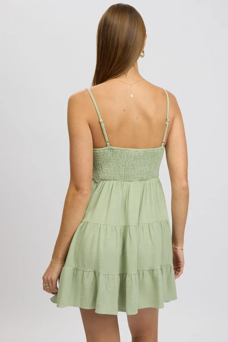 Green Mini Dress Tiered Strappy Cozy Fit