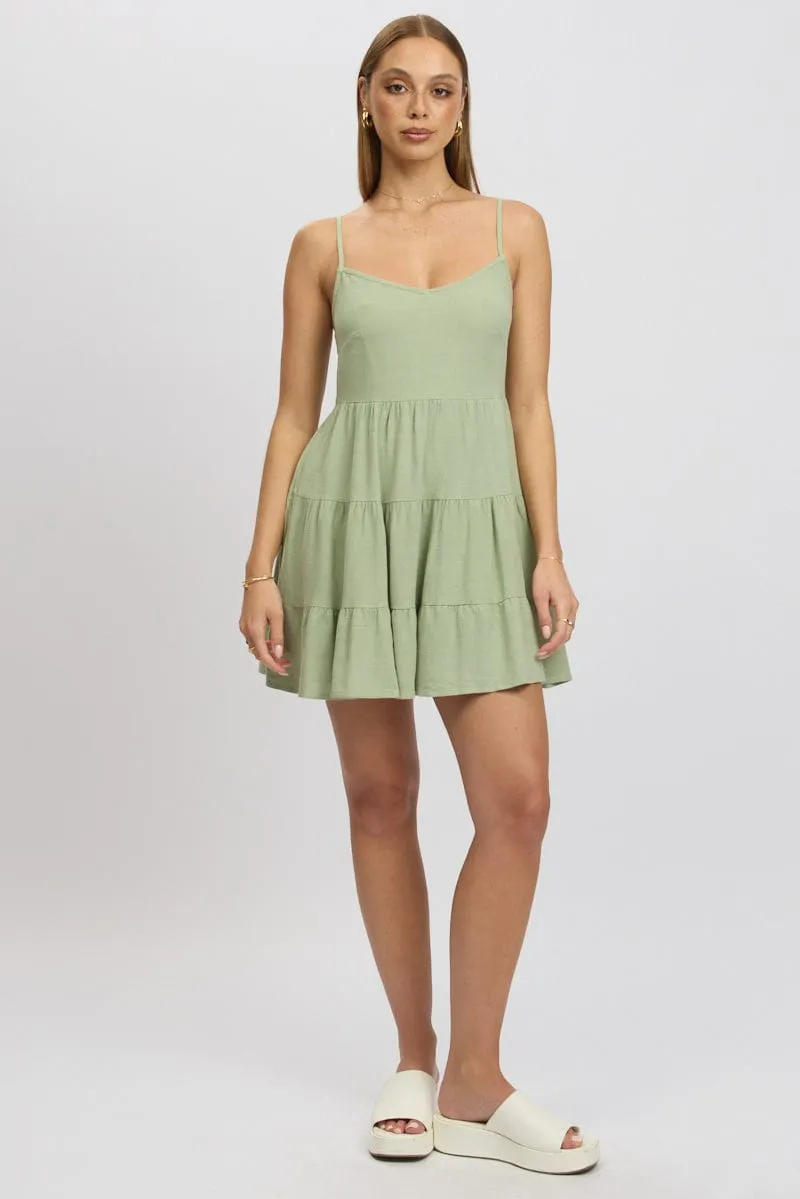 Bar Pop Elegant mini with floral prints Green Mini Dress Tiered Strappy