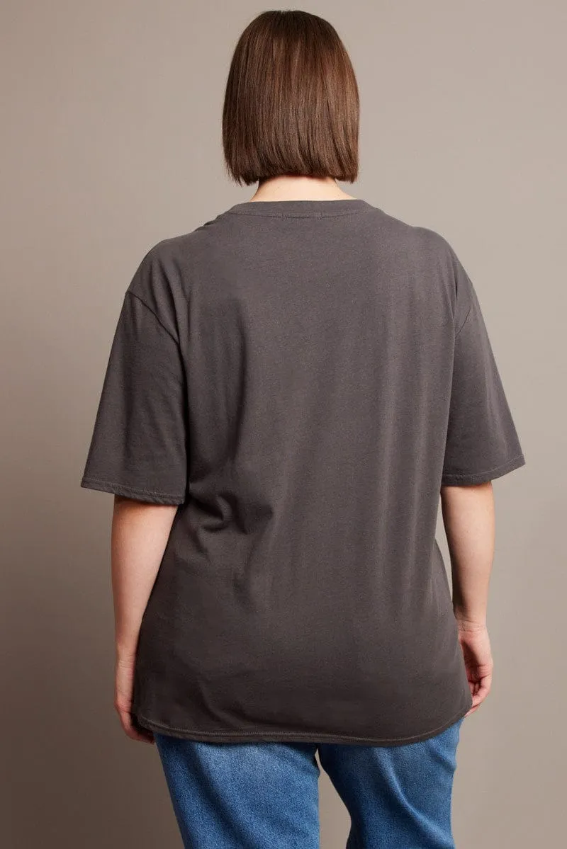 Grey Graphic T-shirt Short Sleeve Crew Neck Cozy Vibes Wool combination