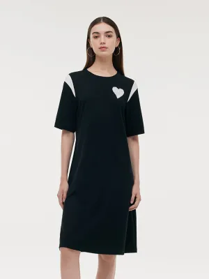 Color Block Sequined Heart Women T-Shirt Midi Dress Velvet Smooth Mesh Breeze