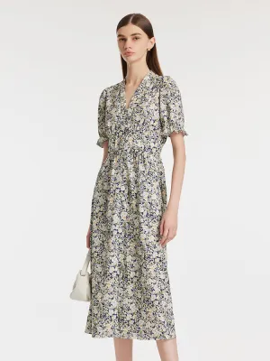 Korean Vibe Floral Print V-Neck Puff Sleeves Women Midi Dress