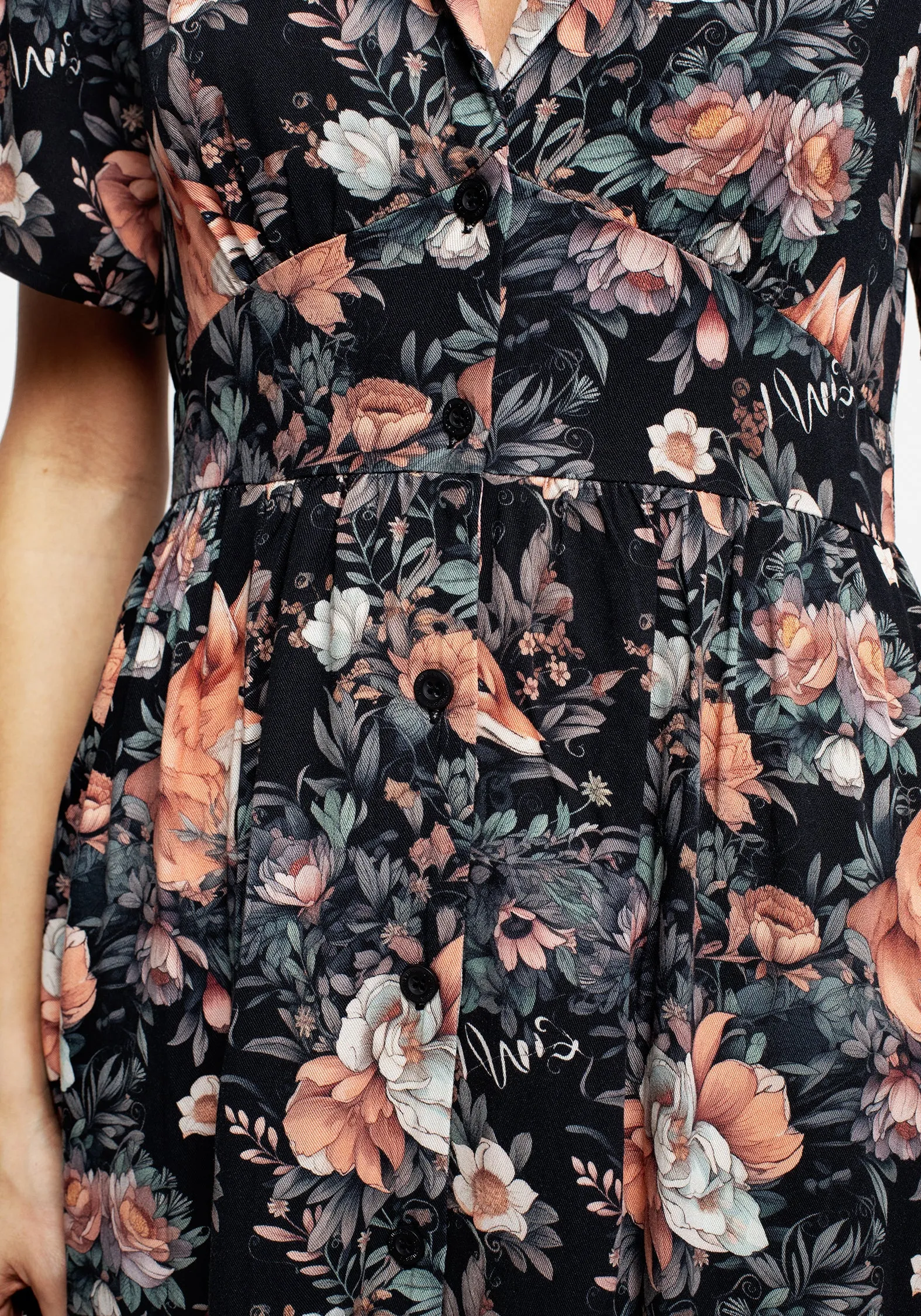 Reynard Fox Floral Print Midi Shirt Dress Gem Shine Elegant Appearance