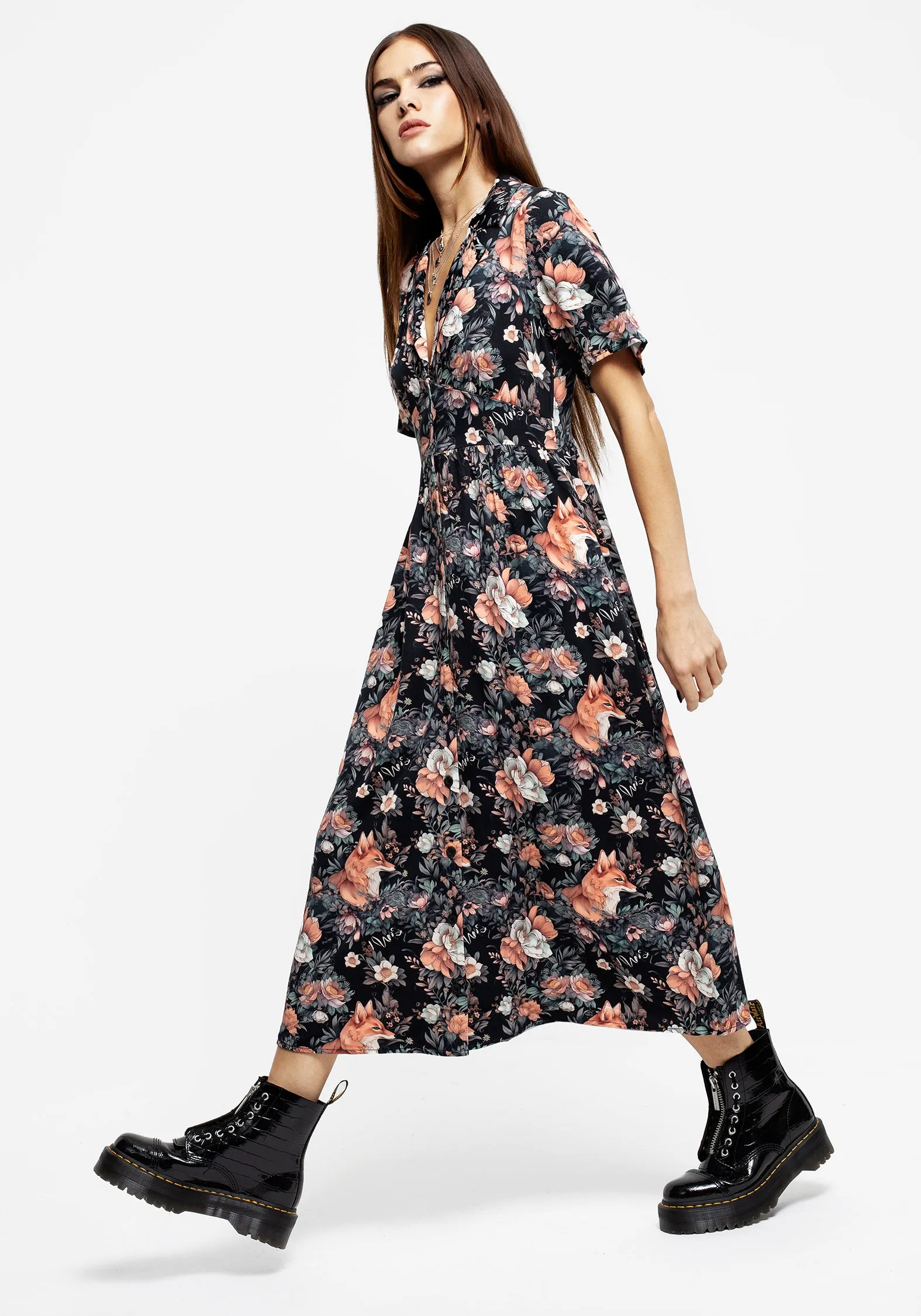 Tulle Light Midi dress with waist tie Reynard Fox Floral Print Midi Shirt Dress