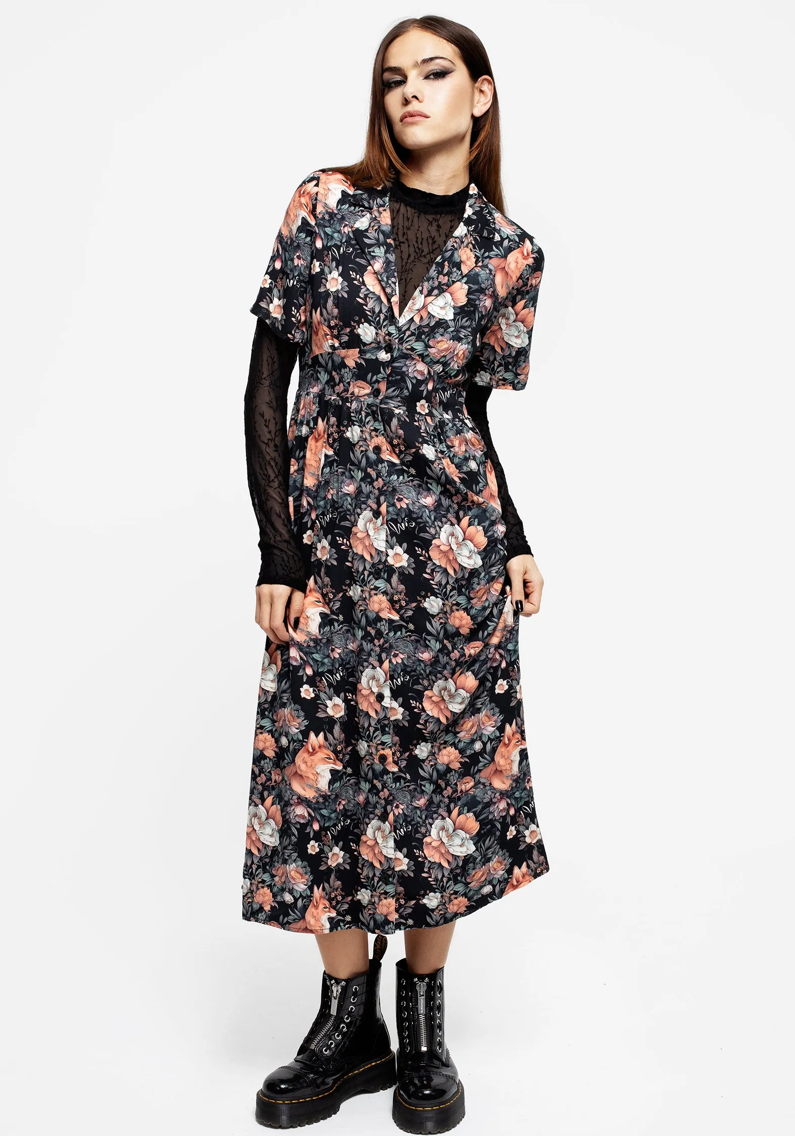 Feminine Elegance Reynard Fox Floral Print Midi Shirt Dress