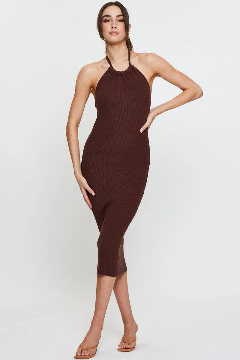 retro look SheerLayeredPanels Brown Knit Dress Midi Halter Neck