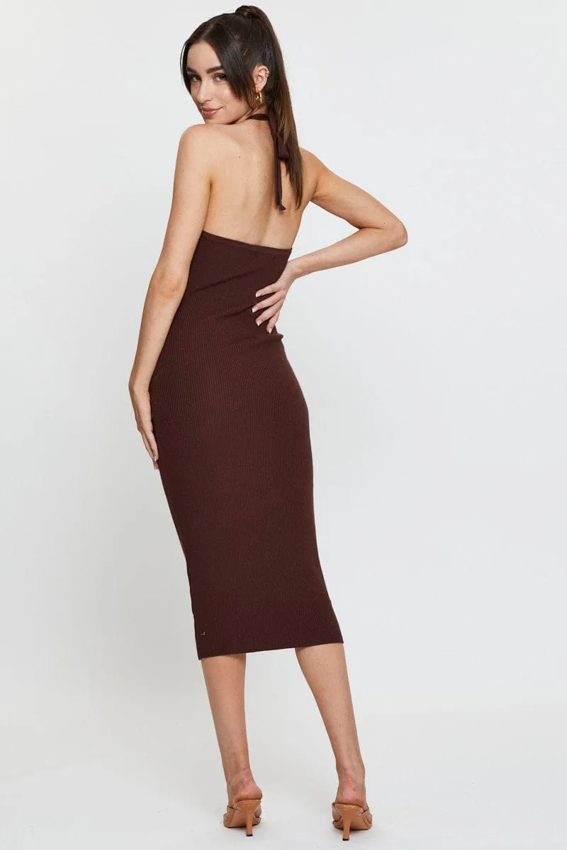 Brown Knit Dress Midi Halter Neck Thin Core