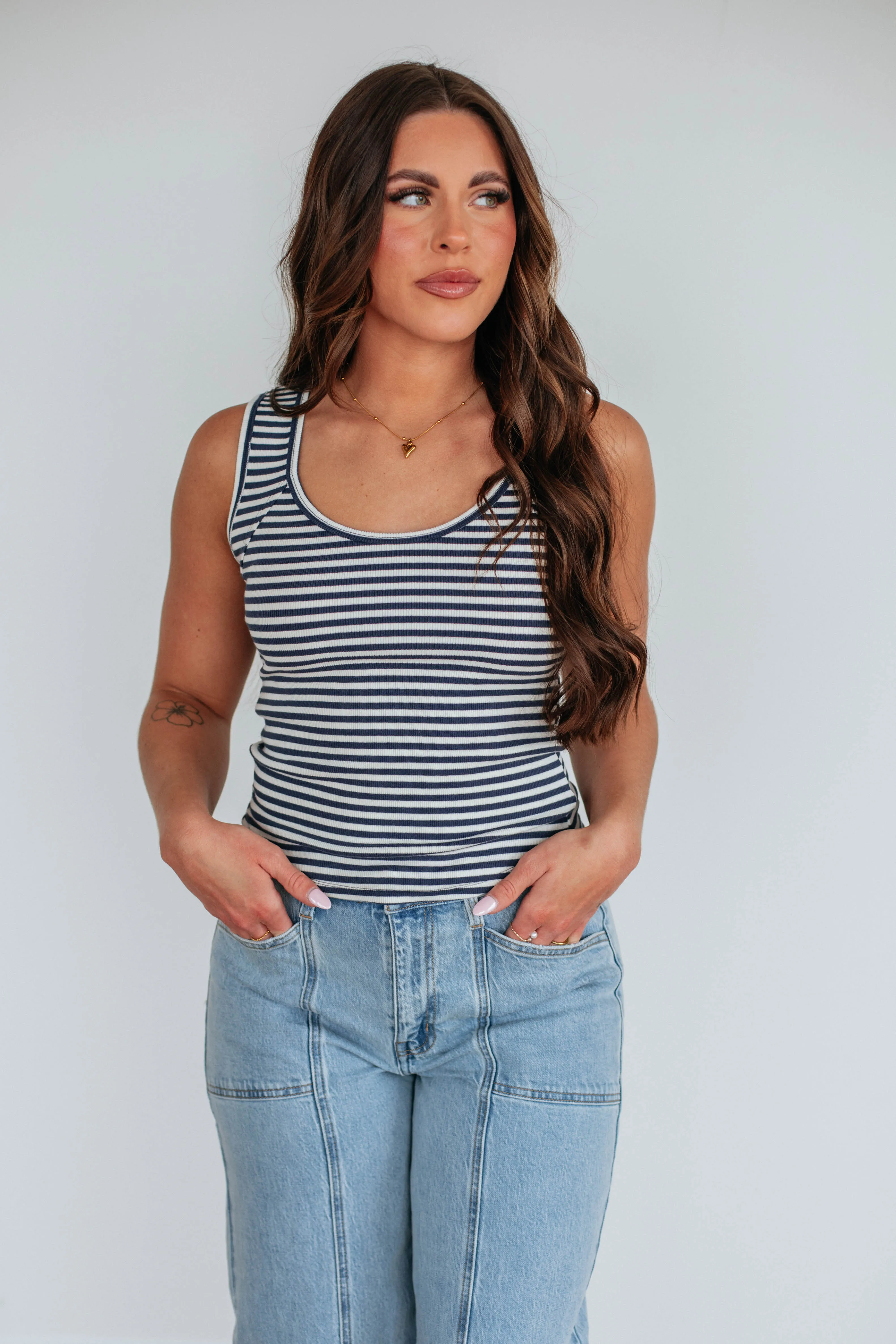 Versatile Styling Options Layer Essential Theo Striped Tank - Navy Mix