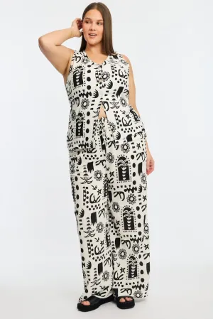 Stylish Appearance White Abstract Elastic Waist Linen Blend Wide Leg Pants