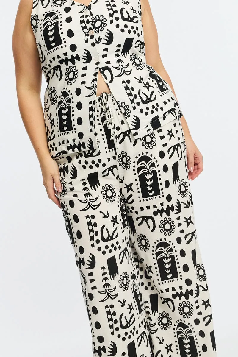 RegularFit Ripstop Texture White Abstract Elastic Waist Linen Blend Wide Leg Pants