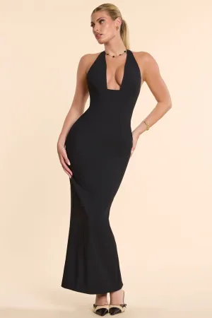 Square View Shell Shine Woven Twill Halter Neck Plunge Maxi Dress in Black