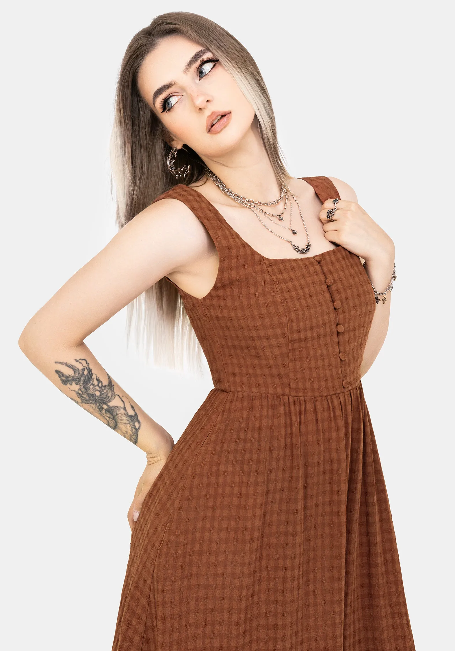 Storm Sky Bright Ray Soleil Cotton-Blend Check Cami Midi Dress