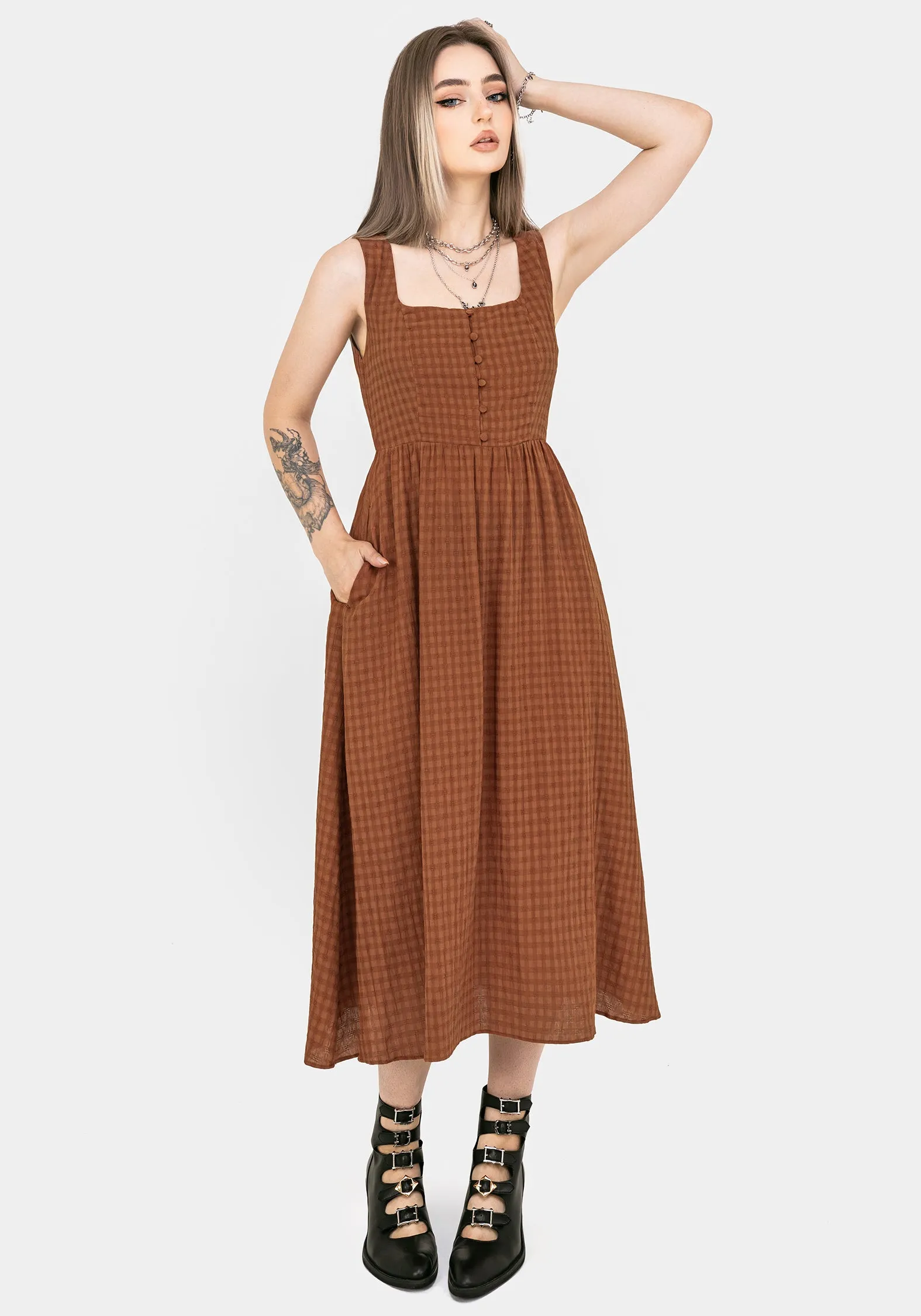 Timelessly stylish midi Work Ready Outfit Soleil Cotton-Blend Check Cami Midi Dress