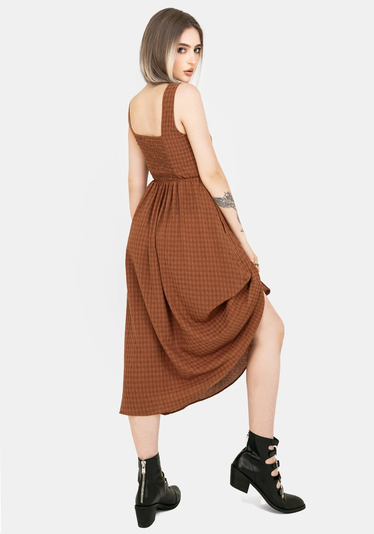 Alley View Snow Path Soleil Cotton-Blend Check Cami Midi Dress