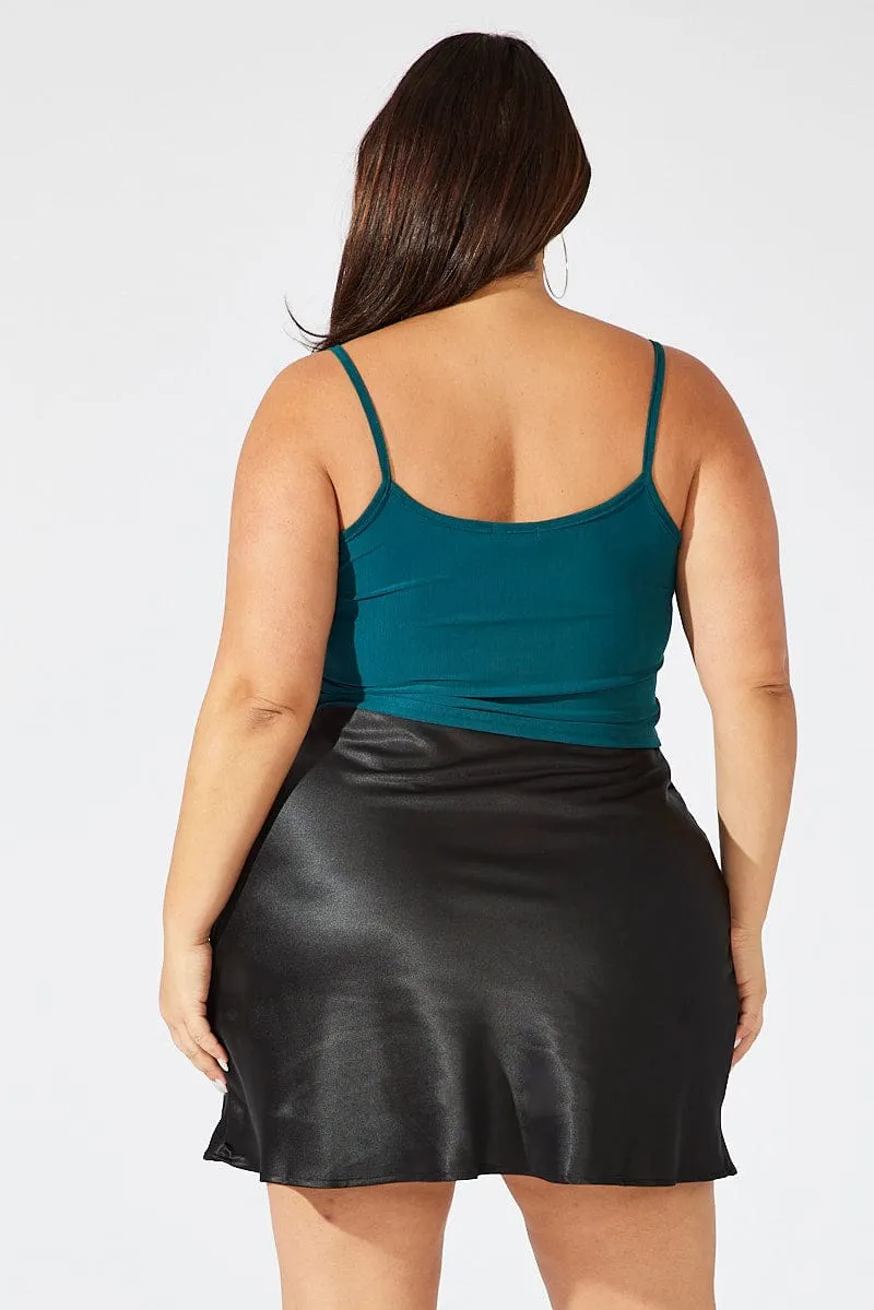 Textured Surface Black Lace Trim Satin Skirt