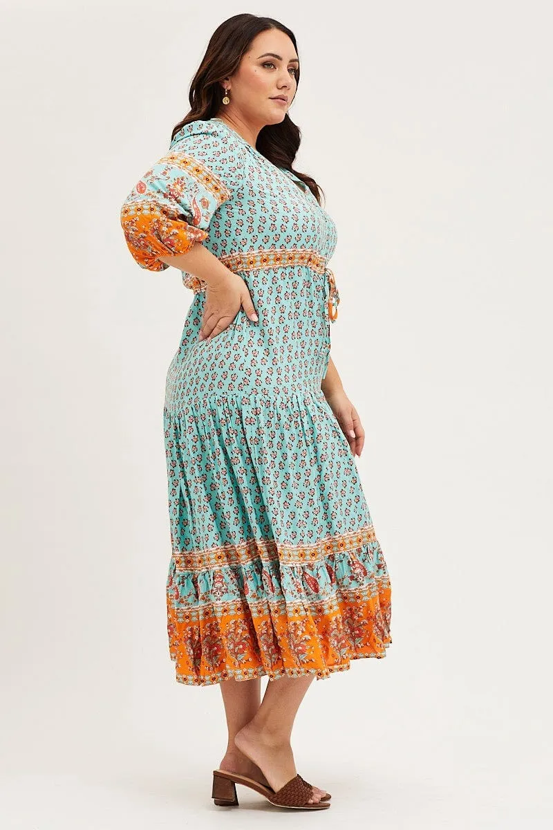 Tea Garden Boho Print Maxi Dress V-neck Long Sleeve