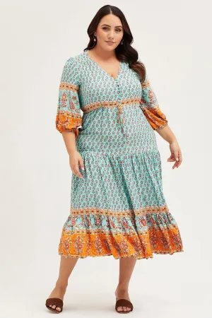 Soft and breathable dress Boho Print Maxi Dress V-neck Long Sleeve