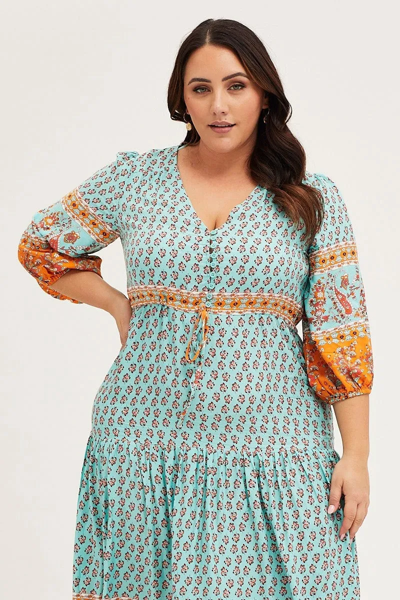 Flower Scent London Girl Boho Print Maxi Dress V-neck Long Sleeve