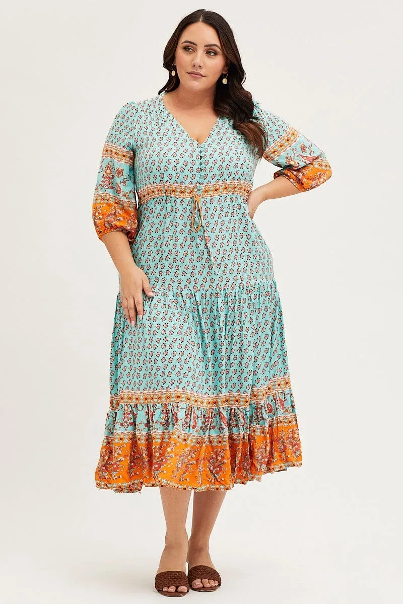 Amber Light Diamond Glow Boho Print Maxi Dress V-neck Long Sleeve