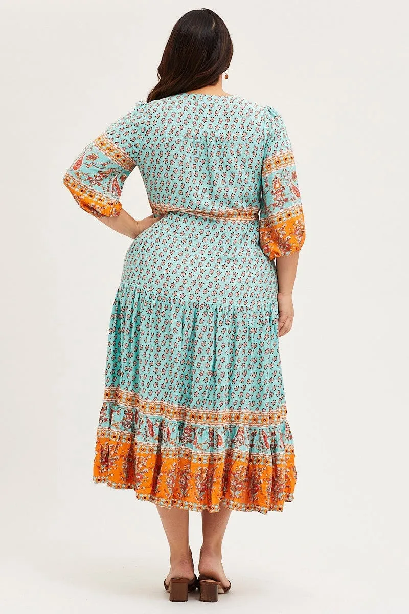 Fall Layers Boho Print Maxi Dress V-neck Long Sleeve