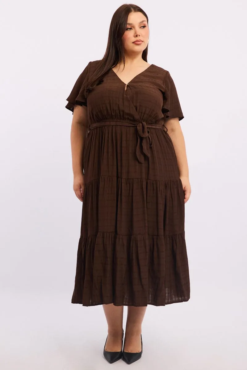 Timelessly stylish midi Machine washable Brown Midi Dress Short Sleeve Self Check