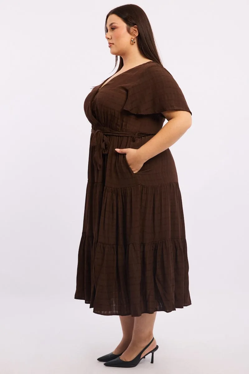 Brown Midi Dress Short Sleeve Self Check british retro