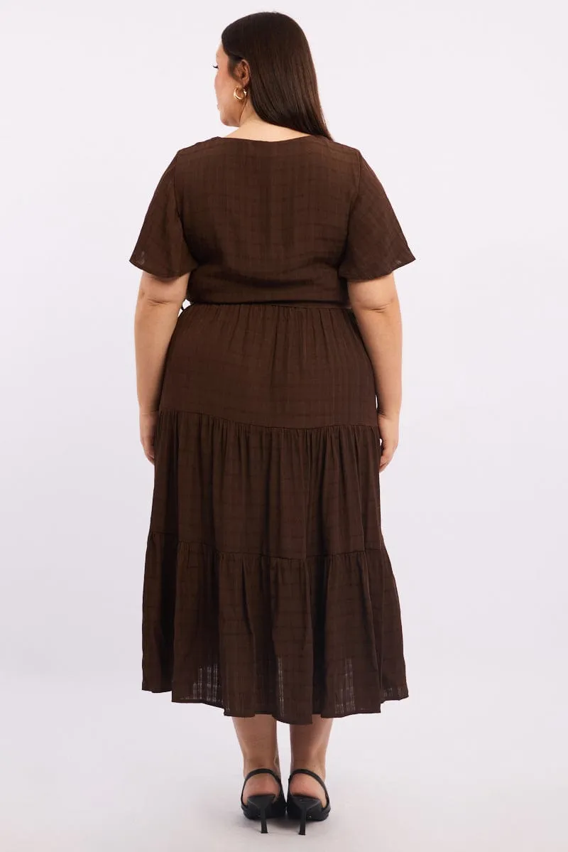 Freedom Wear Minimalist Design Brown Midi Dress Short Sleeve Self Check