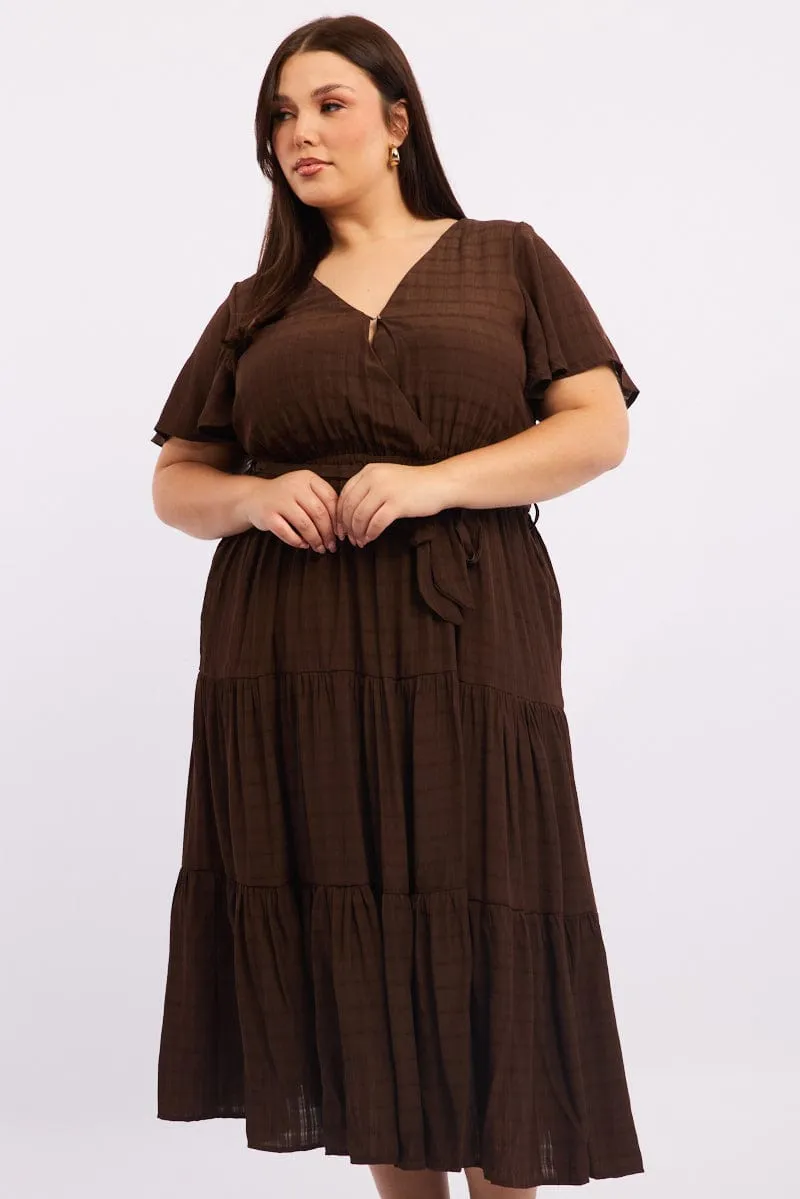 Versatile midi dress with pockets Brown Midi Dress Short Sleeve Self Check