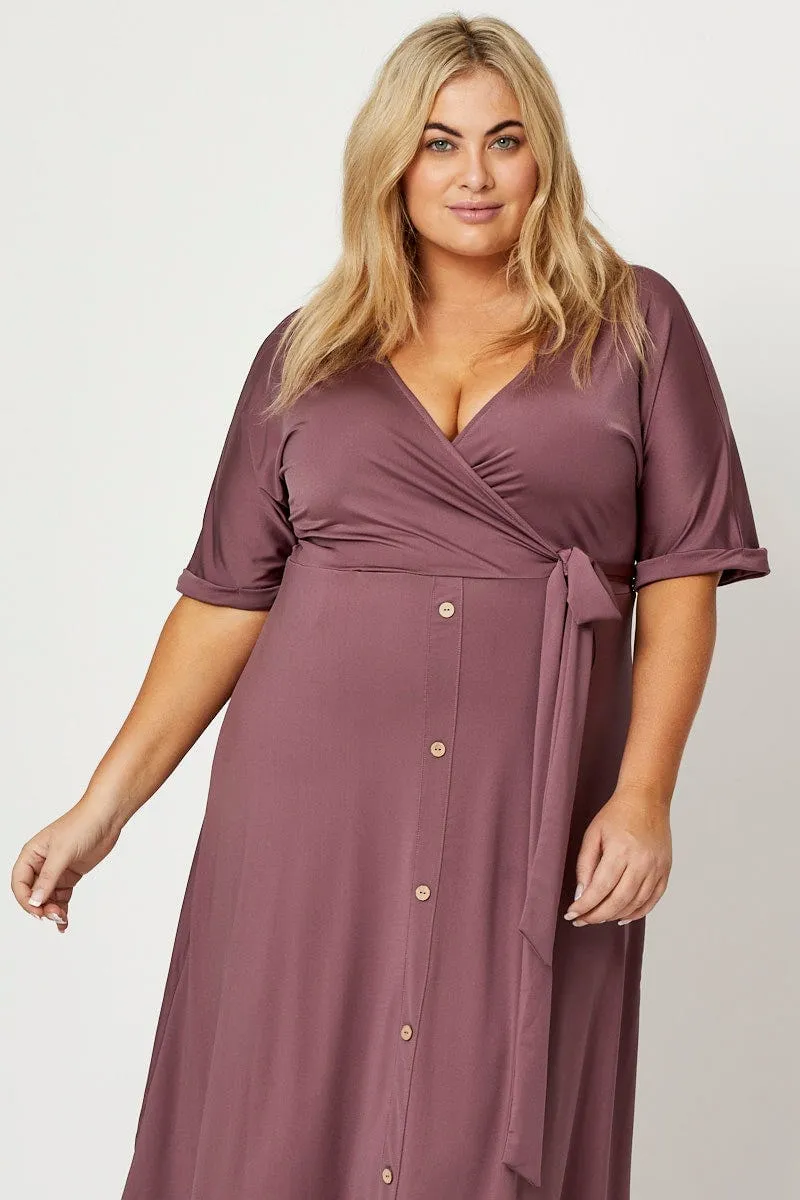 Purple Midi Dress V-neck Short Sleeve Waist Tie Sea Scent
