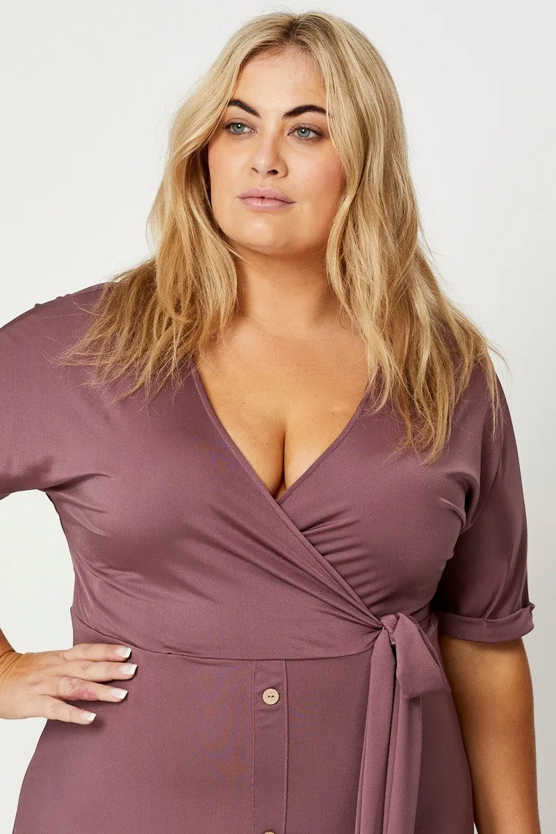 Purple Midi Dress V-neck Short Sleeve Waist Tie New Yorker Bridge Walk