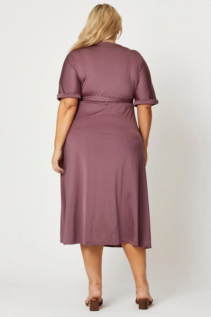 Bold pattern mid-calf dress Purple Midi Dress V-neck Short Sleeve Waist Tie