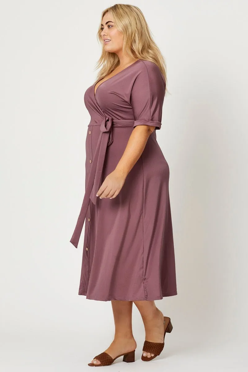 Purple Midi Dress V-neck Short Sleeve Waist Tie Court Yard Sapphire Light
