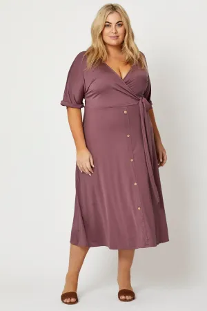 Purple Midi Dress V-neck Short Sleeve Waist Tie Relaxed Design Dress for warm weather